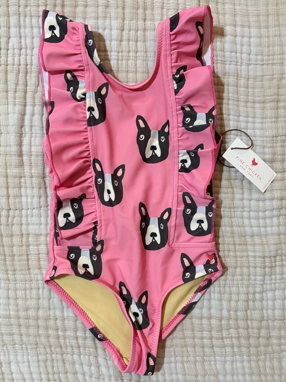 Pink Chicken Pink Ruffle One-Piece Swimsuit with Dog Faces